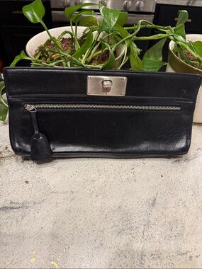 BCBGirls Black Leather Envelope Clutch Wristlet Silver Lock Evening Purse